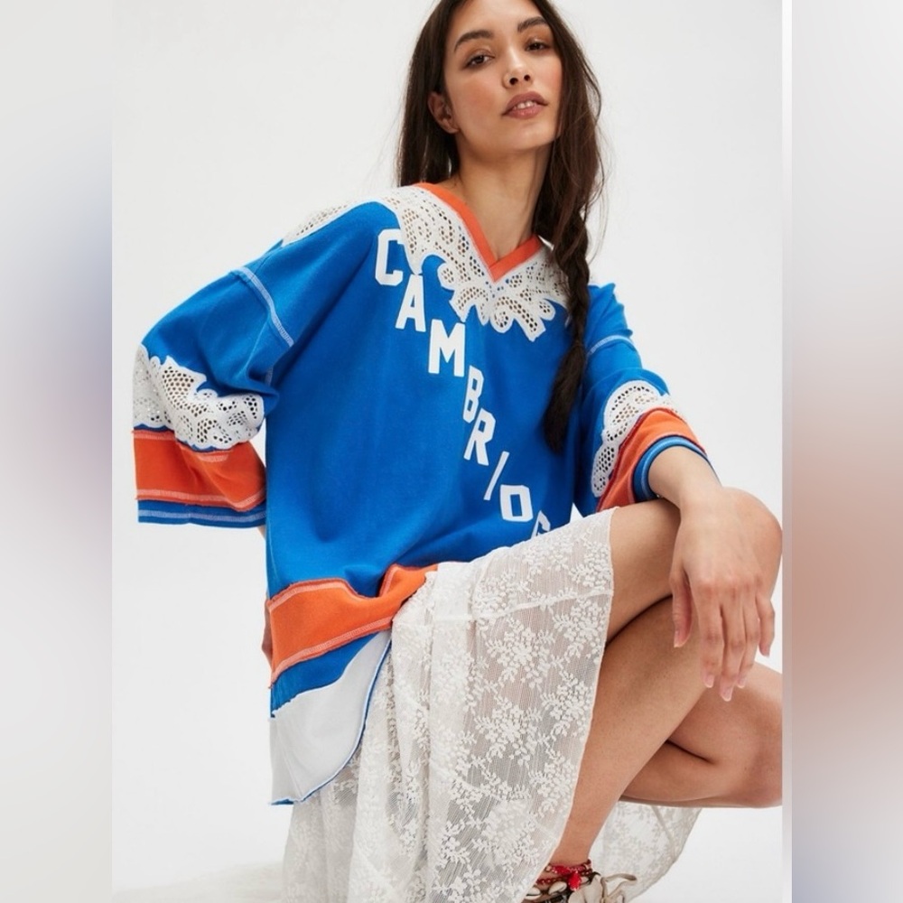 We The Free Blue and Orange Lace-Trim Pullover